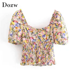 Pearl Floral Print Blouse Puff Short Sleeve Mode Shirt Kvinnor Baklösa Elastiska Midja Stilfulla Dam Toppar Sommar Blusas 210515