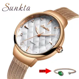 Sunkta Watch Women Fashion Casual Dress Quartz Klockor Lady Mesh Strap Vattentät Armbandsur Enkel Girl Clock Relogio Feminino 210517