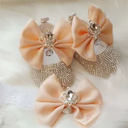 Dollbling Delicate Apricot Butterfly Baby Shoes Headband Set Luxury Diamond Fluff Outfit Red Bottom Little Girl Baptism Shoes 210928