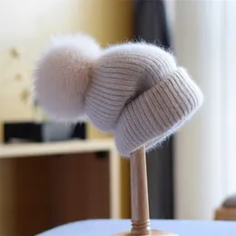 Hat Women Winter Angora Knit Real Fur Pompom Beanie Autumn Warm Skiing Accessory For Girl Teenagers Outdoors Luxury 211229