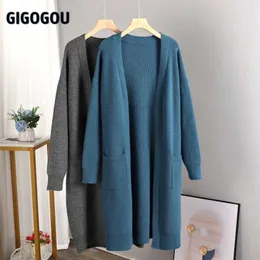 GIGOGOU Vintage Long Cardigan for Women Sweater Open Stich Autumn Winter Thick Warm Jacket Coat Big Pocket Knitted Jumper 211011