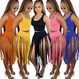 Summer Women Two Pieces Sets Fashion Tracksuits Solid Color dresses Tassel Vest Short Skirt Suit Designers Clothes