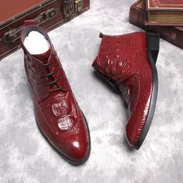 Nowe buty z krowi oryginalne, miękkie skórzane burgundowe czarne czarne palce oddychające wzory krokodyli Oxford sukienki dla męskich botów