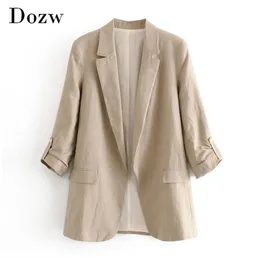 Arbete Wear Blazer Women Notched Collar Solid Cardigan Coat Half Sleeve Fickor Office Ladies Blazers och Jackor 210515