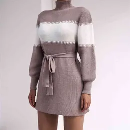 Knitted Stripe Straight Winter Sweater Dress Women Lantern Sleeve Vintage Short Basic Turtleneck Clothes 210427