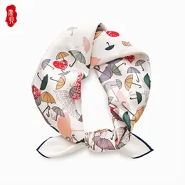 Milky white twill scarf women printed umbrella 100% real silk scarves 65cm middle square bandana wrap gift for girls lady