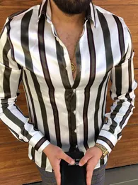 Lapel Striped Camisa Print Casual Slim Slim Długi Rękaw Koszula Menswear Jesień Dress Blua Cardigan Hawajski Koszule