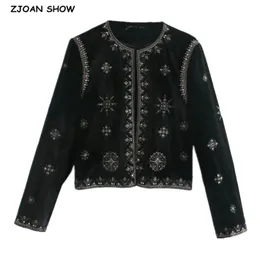 Spring Beading Sequins Embroidery Velvet Jacket Ethnic Women Round Collar Open Stitching Coat Black Outerwear 210429