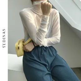 Yedinas Korean Style Turtleneck Mesh Tops See Through Sexy Slim Långärmad T Shirts Candy Color Semitransparent Tshirt Japanese 210527