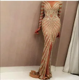 Yousef Aljasmi 2022 Mermaid Evening Dresses Luxury Long Sleeve Champagne Sequined Sexy Sheer Jewel Neck Front Split Prom Gowns Custom Made CG001