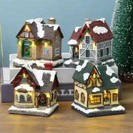 Christmas Decoration Led Luminous Hut Village House Building Resin Home Display Party Ornament Holiday Gift Home Decor Ornaments 211104