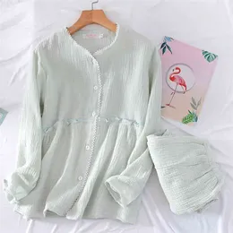 Conjunto de pijamas de estilo japonés para primavera y otoño para mujer, pantalones de manga larga de crepé de algodón, traje de servicio a domicilio para mujer 210901