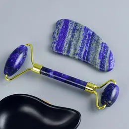 Jade Roller dla zestawu twarzy i Gua Sha Set - Beauty Cosmetic Facial Skin Massager Tool Oryginalne rękodzieło naturalne niebieski