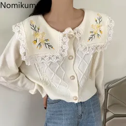 Nomikuma Koreansk Söt Strikkad Cardigan Lace Patchwork Floral Broderi Avstängning Krage Sweater Coat Causal Knitwear Toppar 6d712 210427