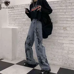 Aolamegs Jeans Baggy-Druck für Herrenhosen und Denim-Contract-Stil im Retro-Stil Hip Hop Harajuku 0309