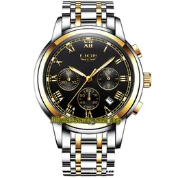 Lige evighet 9810 Sport Mens Klockor Datum Black Dial Japan VK Quartz Chronograph Movement Män Klocka Stål Väska Guld Bezel Två Ton Rostfritt Armband