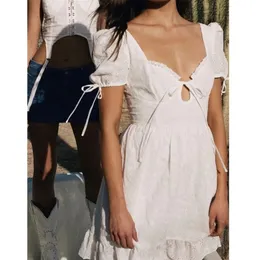 White Lace Dress with Embroidery Flower Women Summer Beach Boho Dresses Puff Short Sleeve Mini Vestidos Feminino 210427