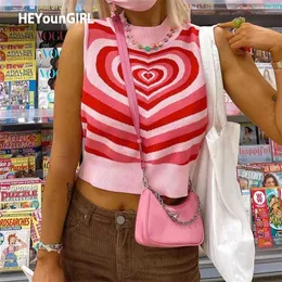 Heyoungirl Heartノースリーブニットクロップトップセーターベスト夏ピンクカジュアル90年代プルオーバーニットファッションストリートウェア211009