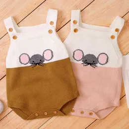 Baby Boys Tjejer Stickade Little Mouse Braces Rompers Autumn Infant Romper Born Boy Girl Clothes Triangle 210429