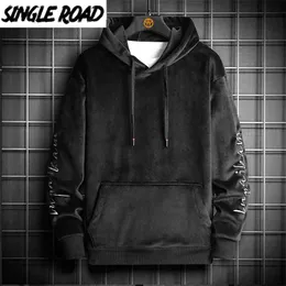 Singel Road Mens Velvet Hoodies Män Vinter Varm Vintage Sweatshirt Japanska Streetwear Oversized Black Hoodie Men Sweatshirts 210715