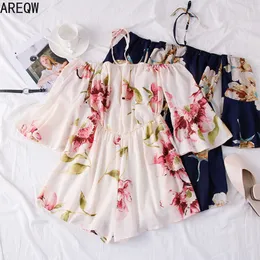 Women Summer Clothes Halter Floral Playsuits Overalls Bohemian Jumpsuits Wide Leg Chiffon Rompers 210507