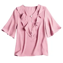 Kvinnorskjorta Kortärmad Sommar V Neck Blus Satin Ruch Ruffle Elegant Grön Rosa Vit Solid Office Lady B0620 210514