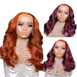 99J 13X4 Lace Front Wigs Body Wave Ombre Orange Virgin Human Hår Brasilianska Blekt Knots Pre Plocked With Baby Hair 130% 150% 180% Densitet för kvinnor Bourgogne