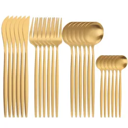 LingEafey Matte Golden Cutlery Set 24pcs Forks Noże Zespoły Ze Stali Nierdzewnej Strona główna Kuchnia Zestaw Naczynia 210928