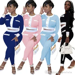 Ladies Two Piece Pants Outfits Spring New Solid Color Round Neck Long Sleeve Jogger Sets Fashion Pit Strip Splicing Casual Suit