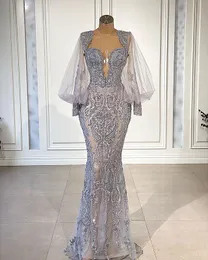 Luxury Mermaid Lace Evening Dresses Beaded Long Sleeve Prom Dress Appliqued Formal Party Gowns Pageant Wear Custom Made Vestido de novia