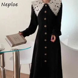 Elegancka Koronka Heavy Work Hook Dress Kobiety Wysoka Talia Czarne Długie Vestidos Odwróć Kołnierz Rękaw Robe Wiosna 210422