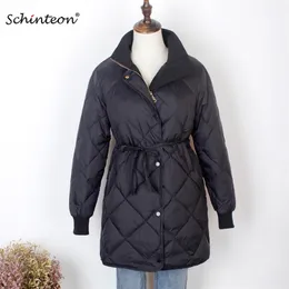 Schinteon Women Down Jacket Diamond 90% White Duck Coat Slim Winter Warm Outwear with Belt Fashion 210910