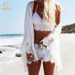 Beach Cover Up Summer Swimsuit Lace Hollow Out Crochet Bikini Long Sleeve Women Swimwear Dress White Tunic Shirt 210521