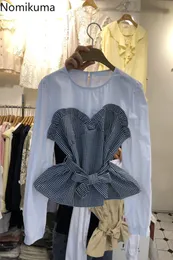 Nomikuma Plaid Patchwork Fake Two Pieces Blouse Elegant Belt Slim Waist Women Shirt New Korean Blusa Camisas De Mujer 6F267 210427