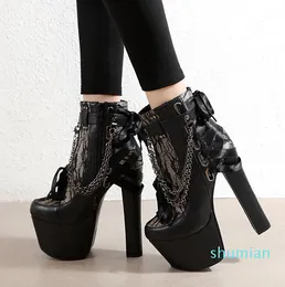 16 см шикарный коренастый каблук платформы с металлической цепью Женщина рыцарь ботинки дизайнерские туфли размером от 34 до 40