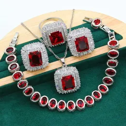 Dubai Classic Silver Color Bride Biżuteria Zestaw Dla Kobiet Ślub Czerwony Cyrkon Bransoletka Kolczyki Naszyjnik Wisiorek Ring Christmas Prezent H1022