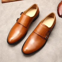 Monk Double Strap Men Sapatos de vestido Business Casamento de couro genuíno masculino Oxford Shoes Brogue clássico Black Brown Men Shoes formais