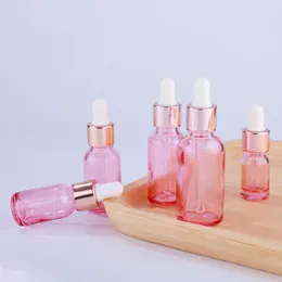Pink Glass Droper Bottle 5-100 ml Lyx serumflaskor med Shinny Rose Gold Cap för eterisk olja