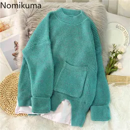 Nomikuma Gefälschte Zwei Stücke Pullover Frauen Pullover Kausalen Patch Langarm Tasche Gestrickte Tops Herbst Winter Pull Femme 6D067 210427