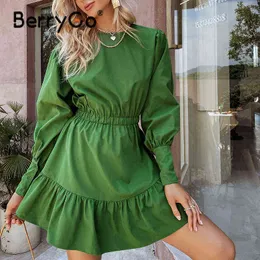Мода-Berrgo College Style Foolern Рукава Ruffled Женщины Платье Зеленый Элегантный Элегантный A-Line Эластичная талия Мини Женщина Сплошные Vestidos