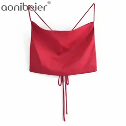 Pembe Kırmızı Mavi Pürüzsüz Saten Camis Yaz Kolsuz Criss-Cross Dantel-up Geri Dürdü Yaka Kadınlar Camisoles Kırpma Tops 210604