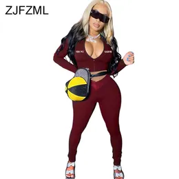 Lucky Label Embroidery Full Sleeve Skinny Crop Top and Low Neck Slim Fit Leggings Black Burgundy Fitness Tracksuit Two Piece Set Y0625