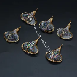 Rainbow Titanium Coated Quartz Druzy Geode Agate Freeform Pendant Oval Gold Plated Wire Wrapped Natural Crystal Cluster Gemstone on Resin Base Handmade Charms