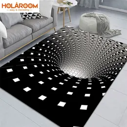 Vortex Illusion Rug 3D Trap Effect Bottomless Hole Carpet Geometric Black White Grid Bedroom Living Room Anti Slip Floor Mats 220301