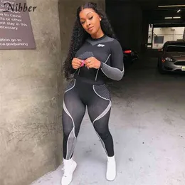 Nibber Fashion Stripe Elastiska toppar Fitness Leggings 2 Två Pieces Set Women Full Sleeve T-shirts Aktiv Sportkläder Casual Suits T200821