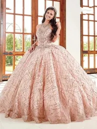 Elegant Rose Golden O Neck Ball Gown Quinceanera Dresses Pärlade topp Plus Size Formell prom party klänningar spetsar upp Vestidos de Fiesta