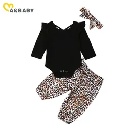 3M-3Y Spring born Infant Toddler Baby Girl Clothes Set Black Ruffles Long Sleeve Romper Leopard Pants Outfits 210515