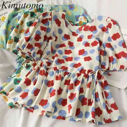 Kimutomo elegant tryckta blus kvinnor puff kortärmad rund hals chiffonskjorta sommar mode smal midja dragsko topp 210521