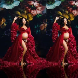 2022 Vintage Evening Dresses Wear Dark Red Organza Ruffles Maternity Robes för fotografering Lång Sjö Sexig Bröllop Graviditet Tulle Klänning Kappor Skräddarsy