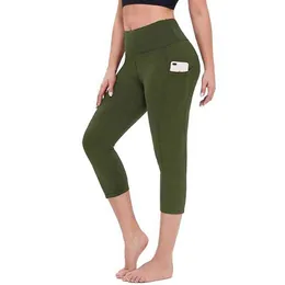Kobiety rozciągają 3/4 Spodnie jogi legginsy fitness Running Gym Sport Pockets Active Calf długość spodni Capri Pant High talia Leggins H1221